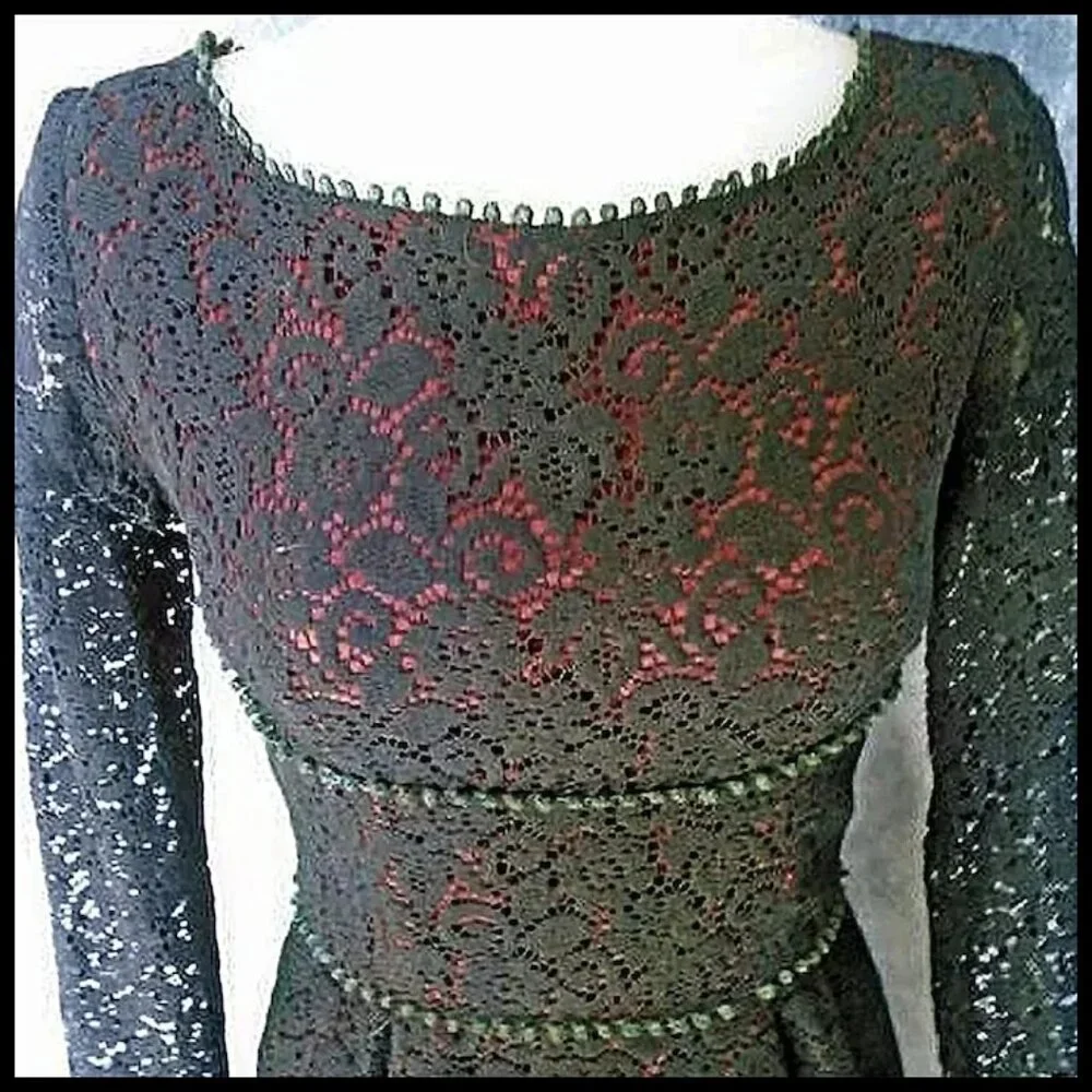 Vintage Little Black Lace Sheath Long Sleeve Cocktail Dress ~ VFG ~OOAK - Picture 2 of 13
